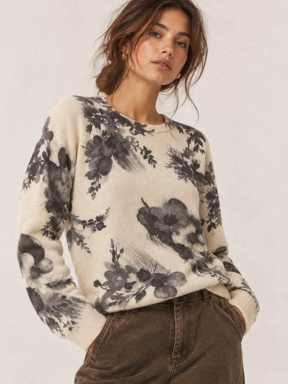 Magaschoni 100% Cashmere Floral Knit Crewneck Sweater Ivory Charcoal Gray Size L